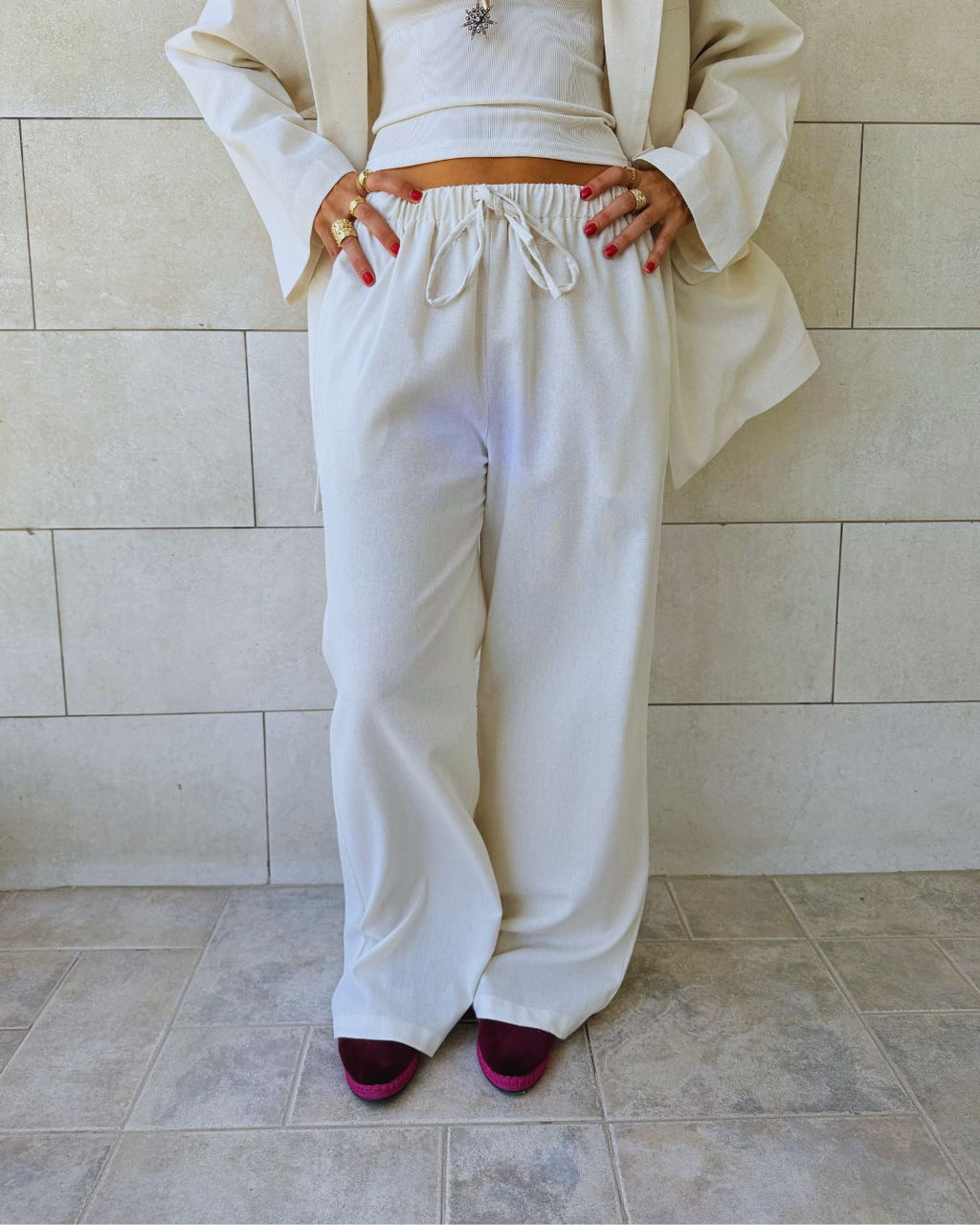 Beige Sloane Rope Linen Blend Pants