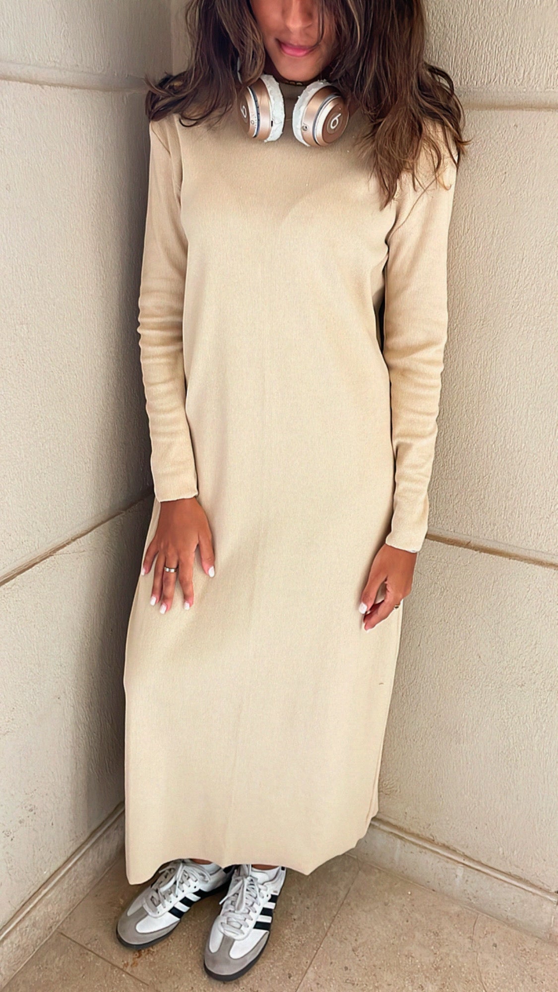 Beige Ribbed Basic Dress