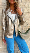 Beige She’s Edgy Metallic Leather Jacket