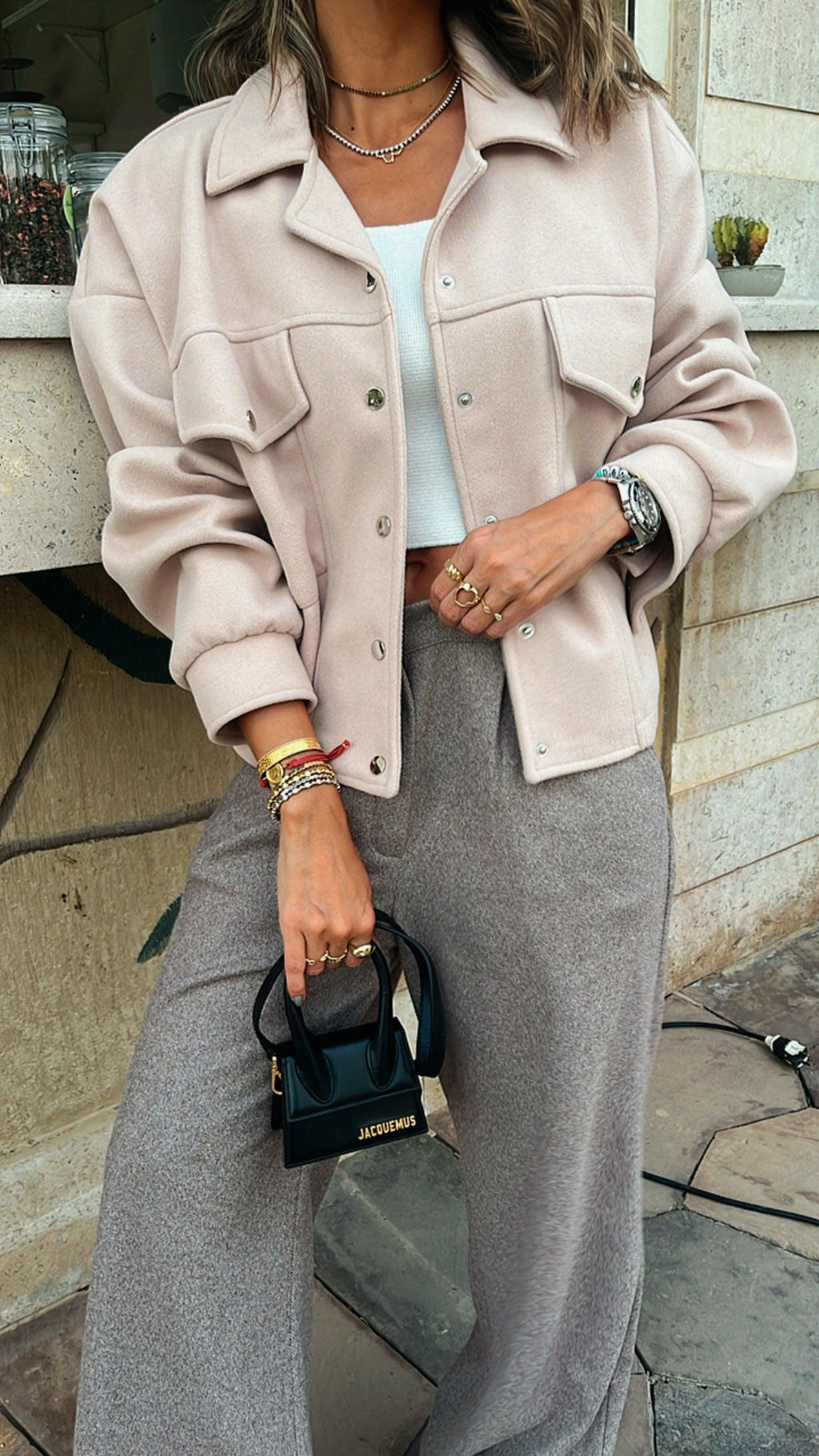 Beige Cropped Button Shacket