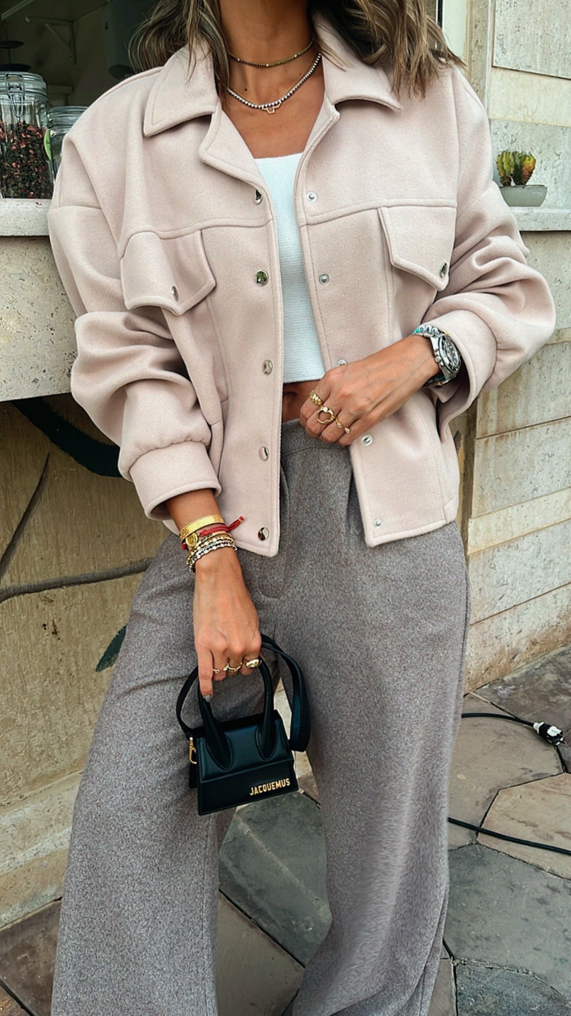 Beige Cropped Button Shacket