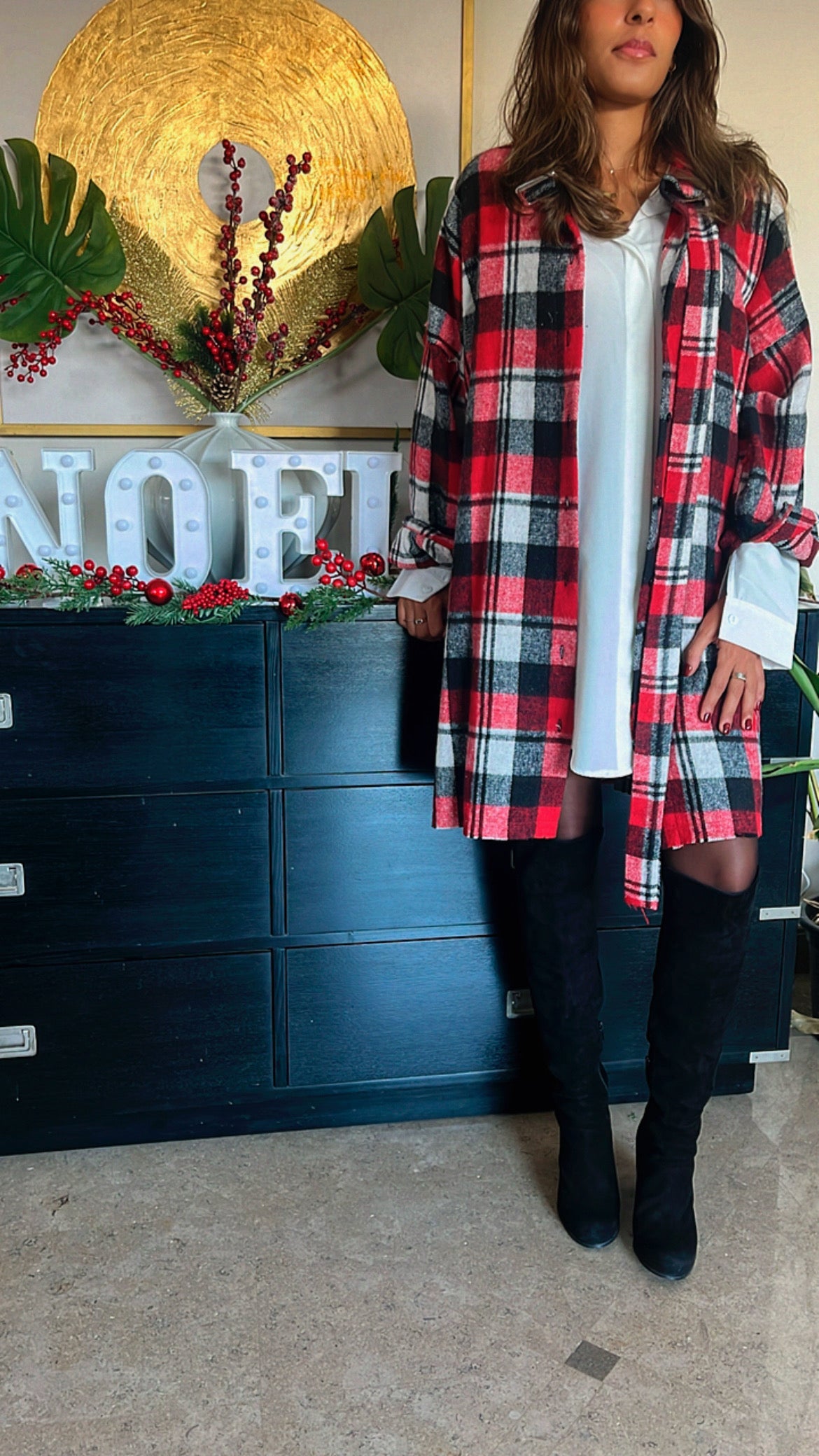 Red Buckled Flannel Longline Shirt