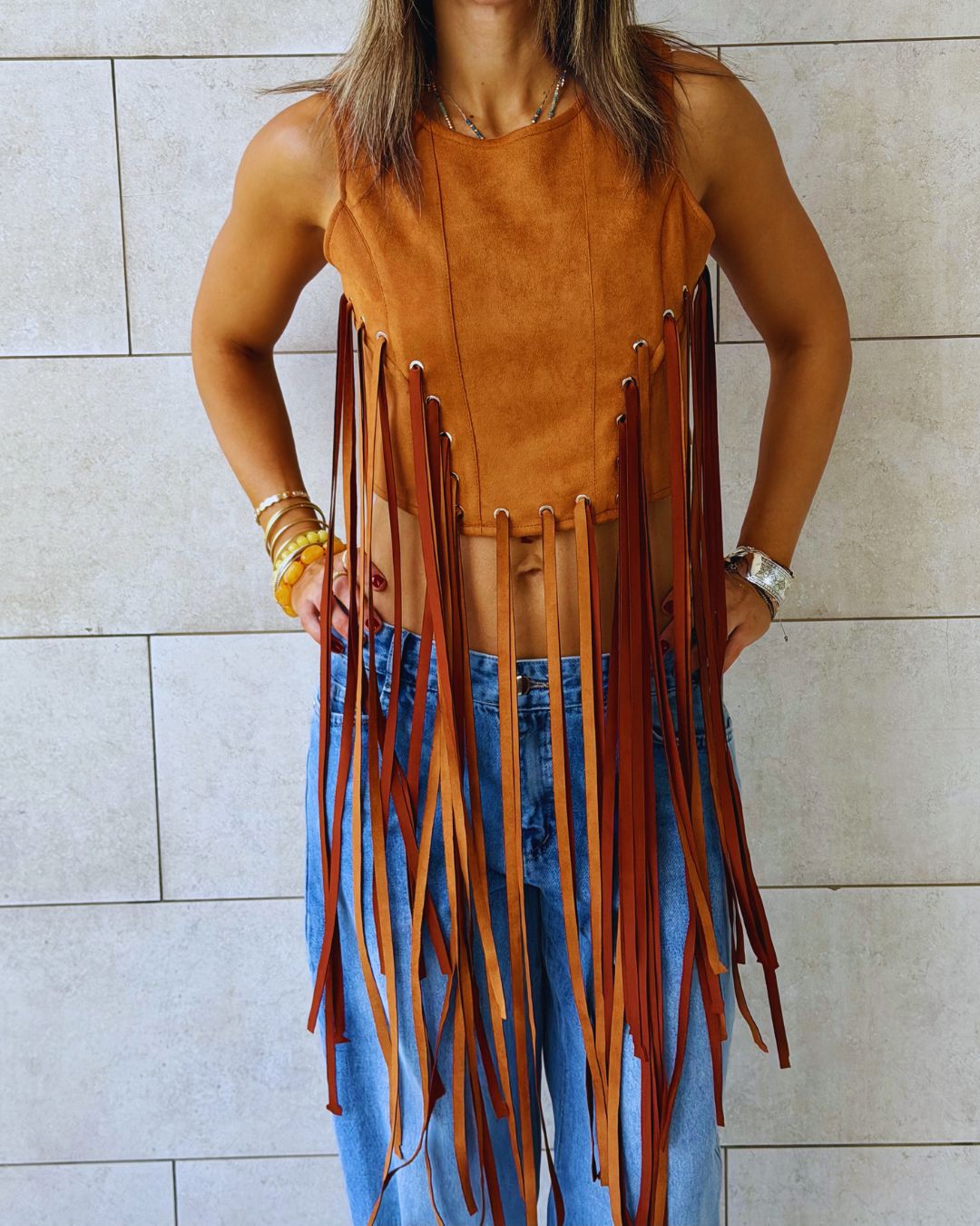Camel Fringe Me Up Suede Top