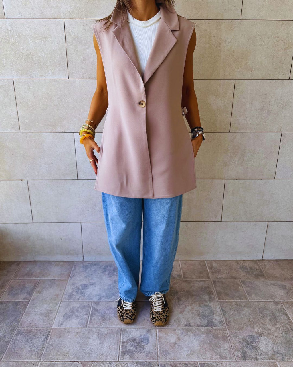 Beige Buckle Side Oversized Vest