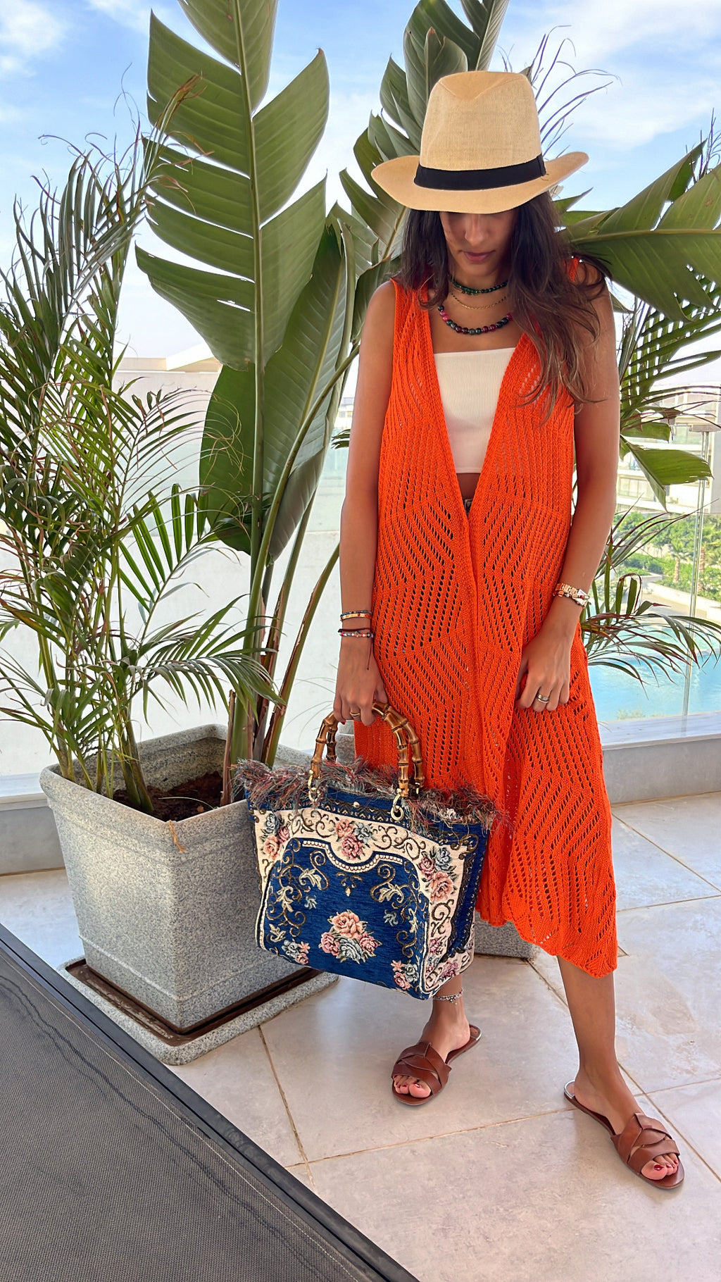 Orange Crochet Longline Vest