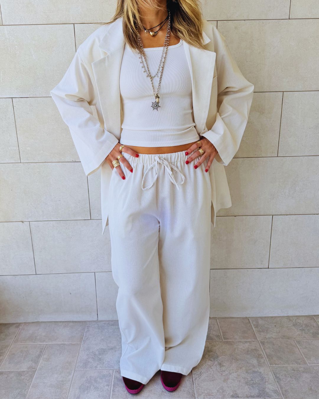Beige Sloane Rope Linen Blend Pants