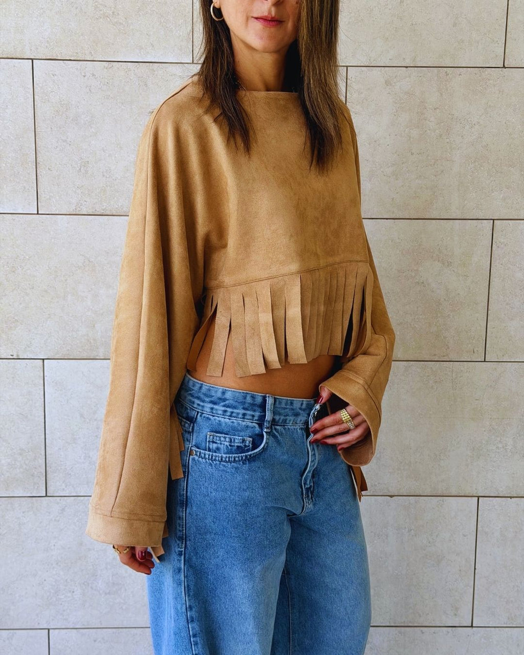 Beige Fringe Me Up Suede Longsleeve