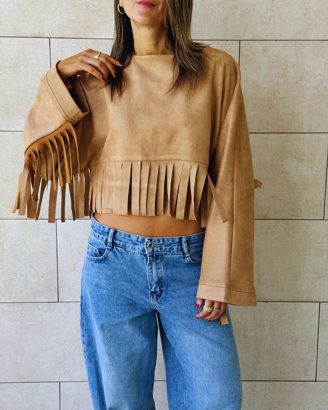 Beige Fringe Me Up Suede Longsleeve