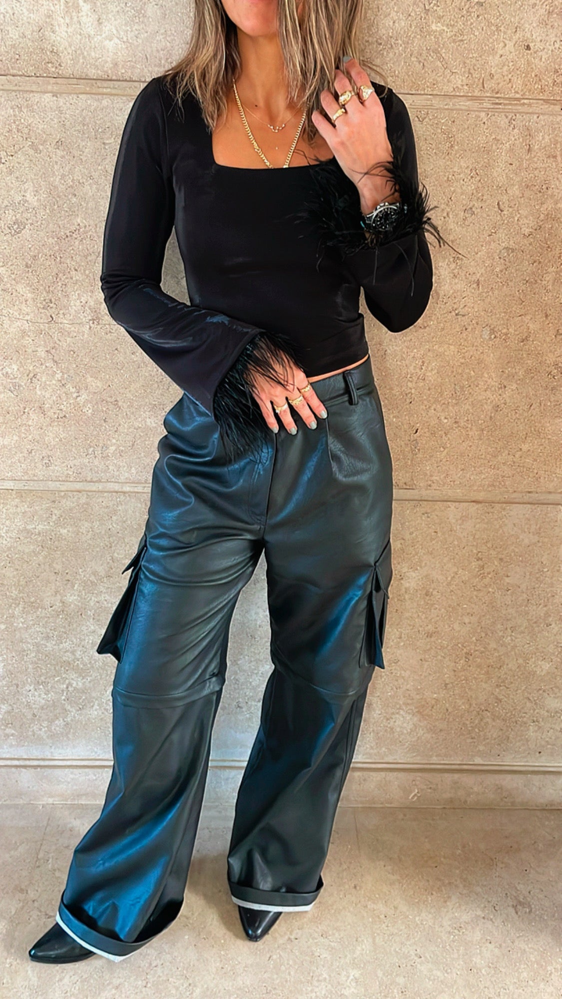 Black Fur Sleeve Top