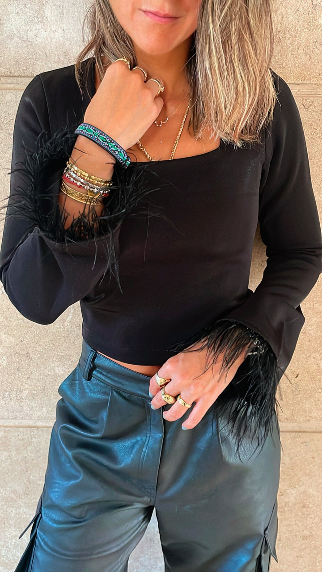Black Fur Sleeve Top