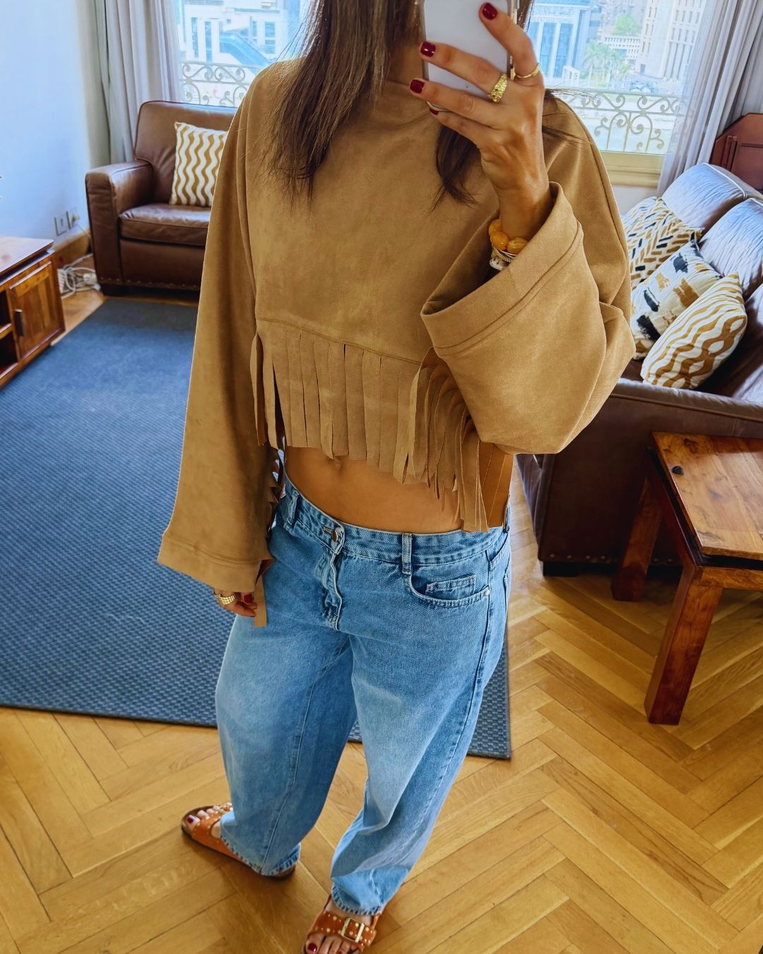 Beige Fringe Me Up Suede Longsleeve