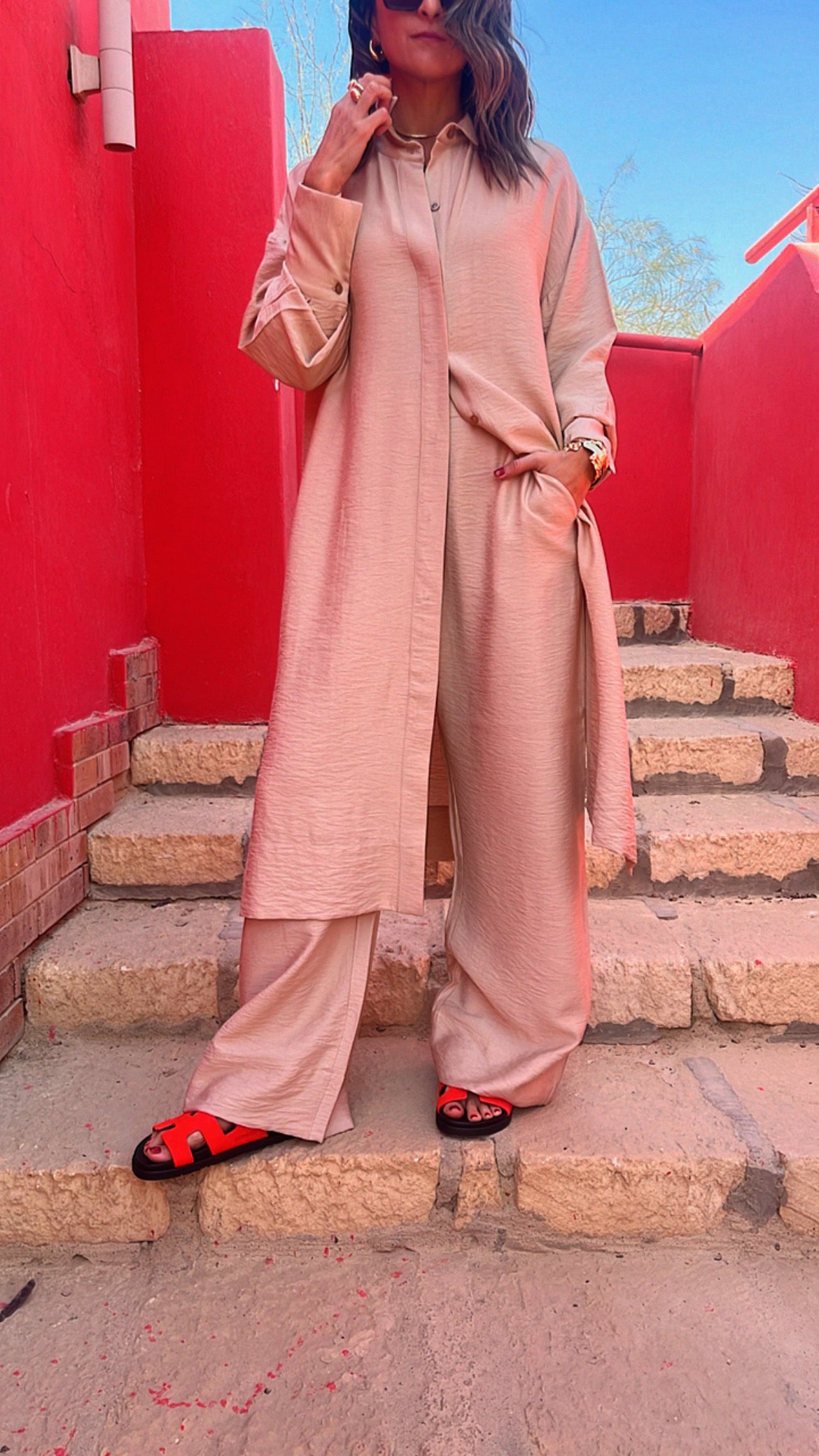 Beige Longline Shirt Set