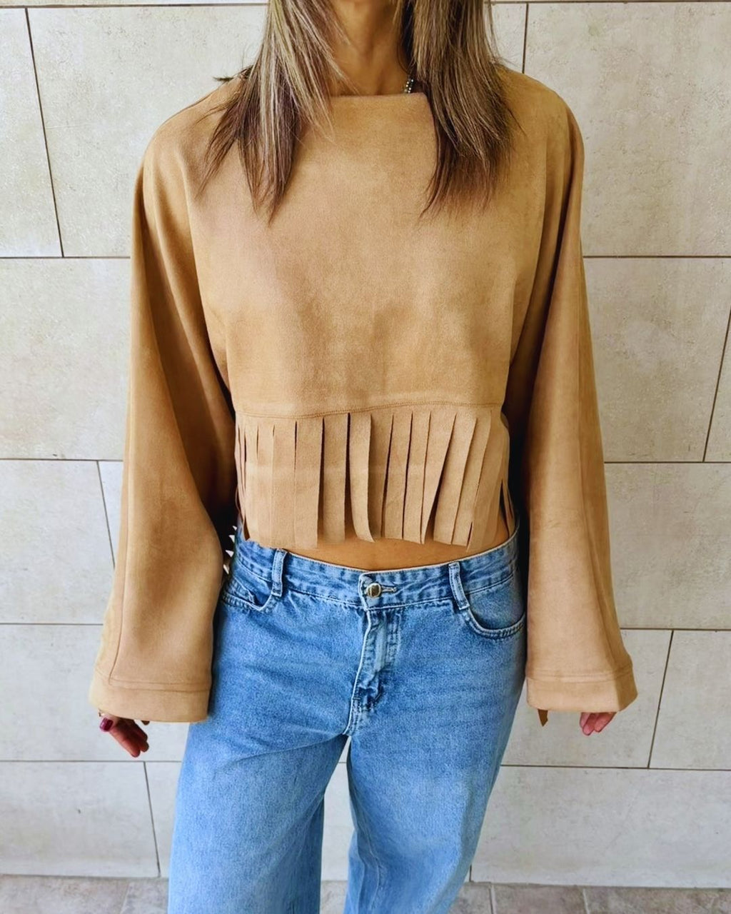 Beige Fringe Me Up Suede Longsleeve