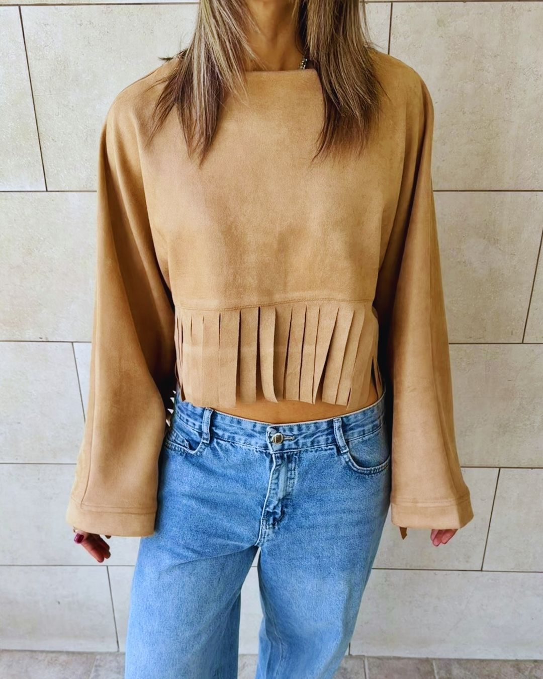 Beige Fringe Me Up Suede Longsleeve