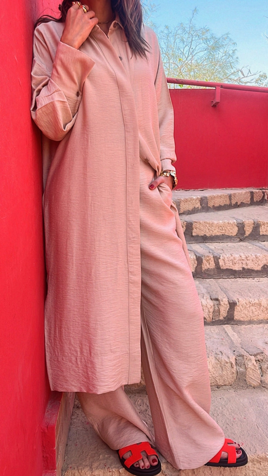 Beige Longline Shirt Set