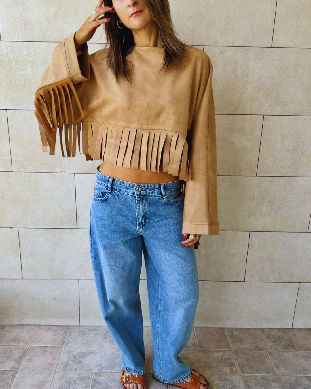 Beige Fringe Me Up Suede Longsleeve