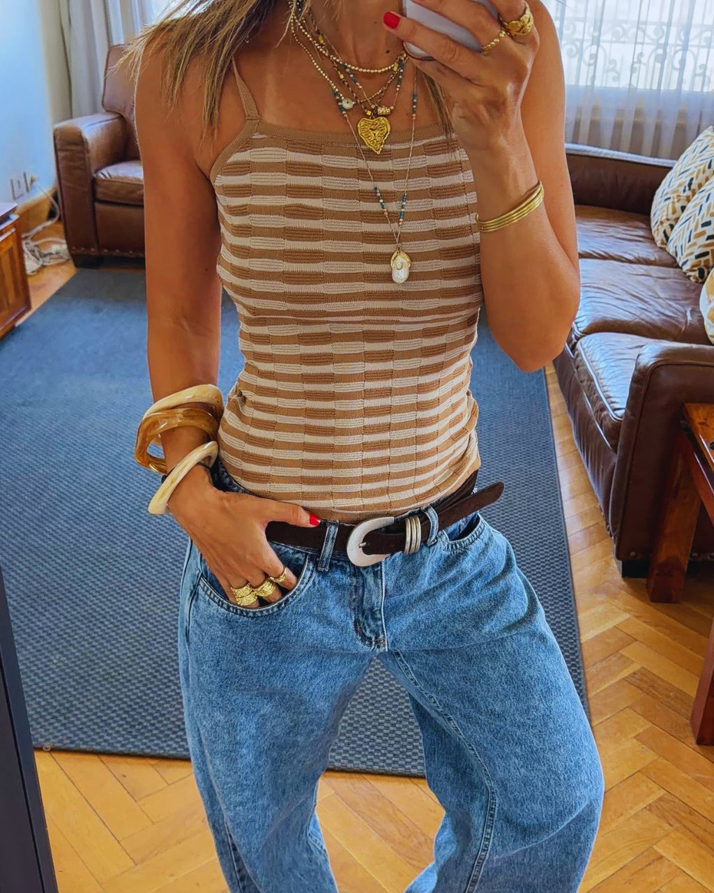 Beige Striped Sleeveless Top
