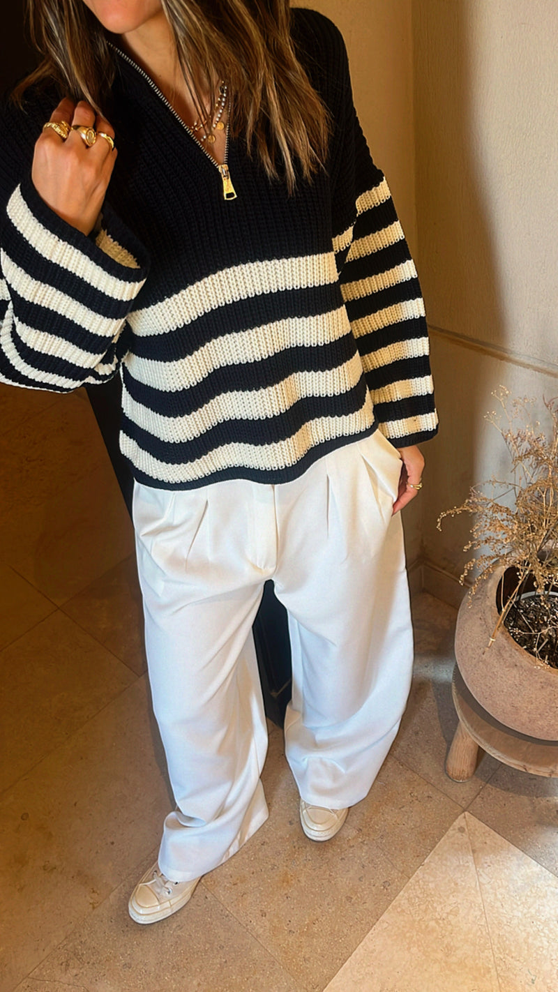 White Zip Up Striped Cropped Pullover