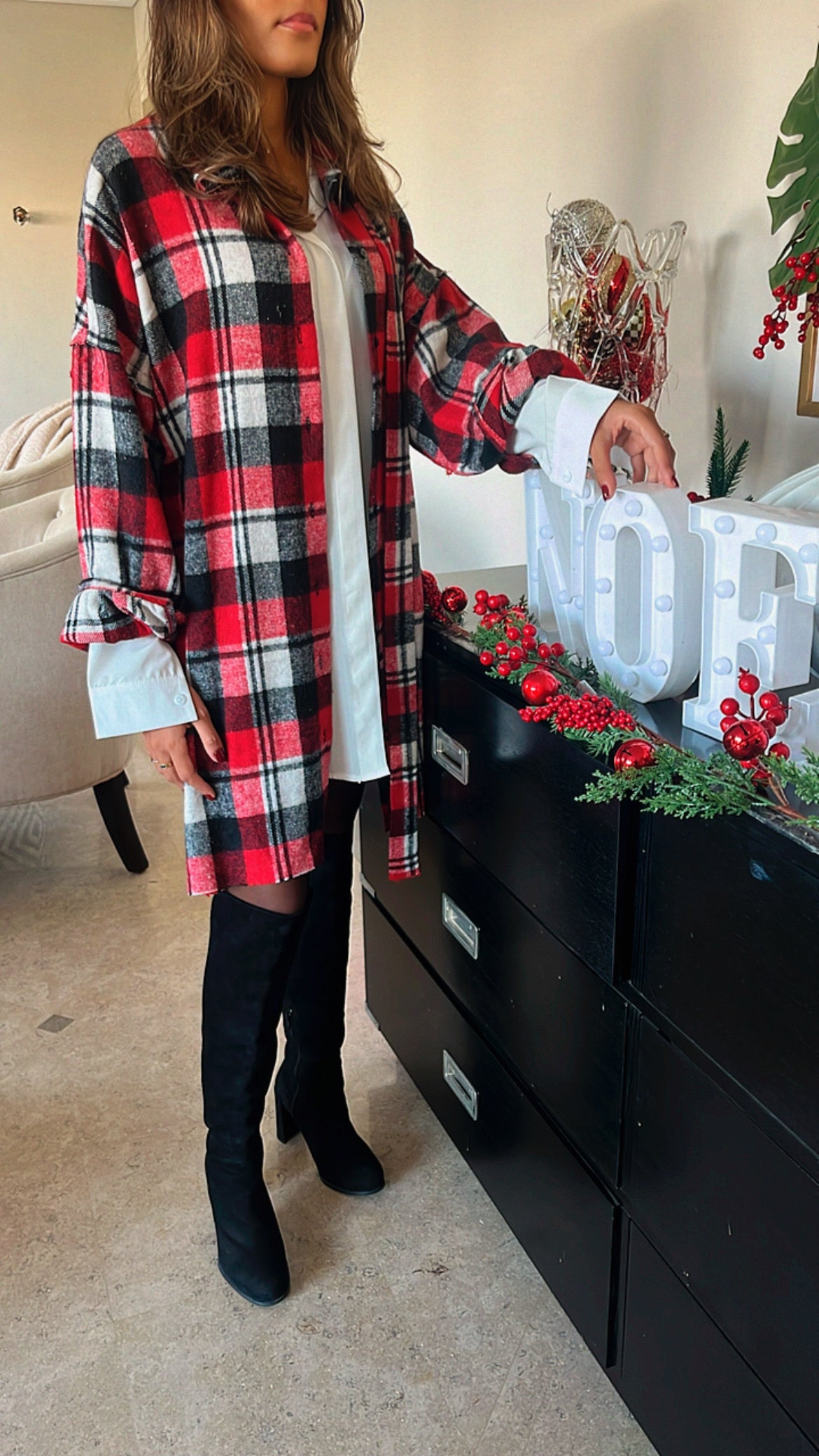 Red Buckled Flannel Longline Shirt