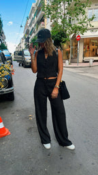 Black Lined Linen Vest Set