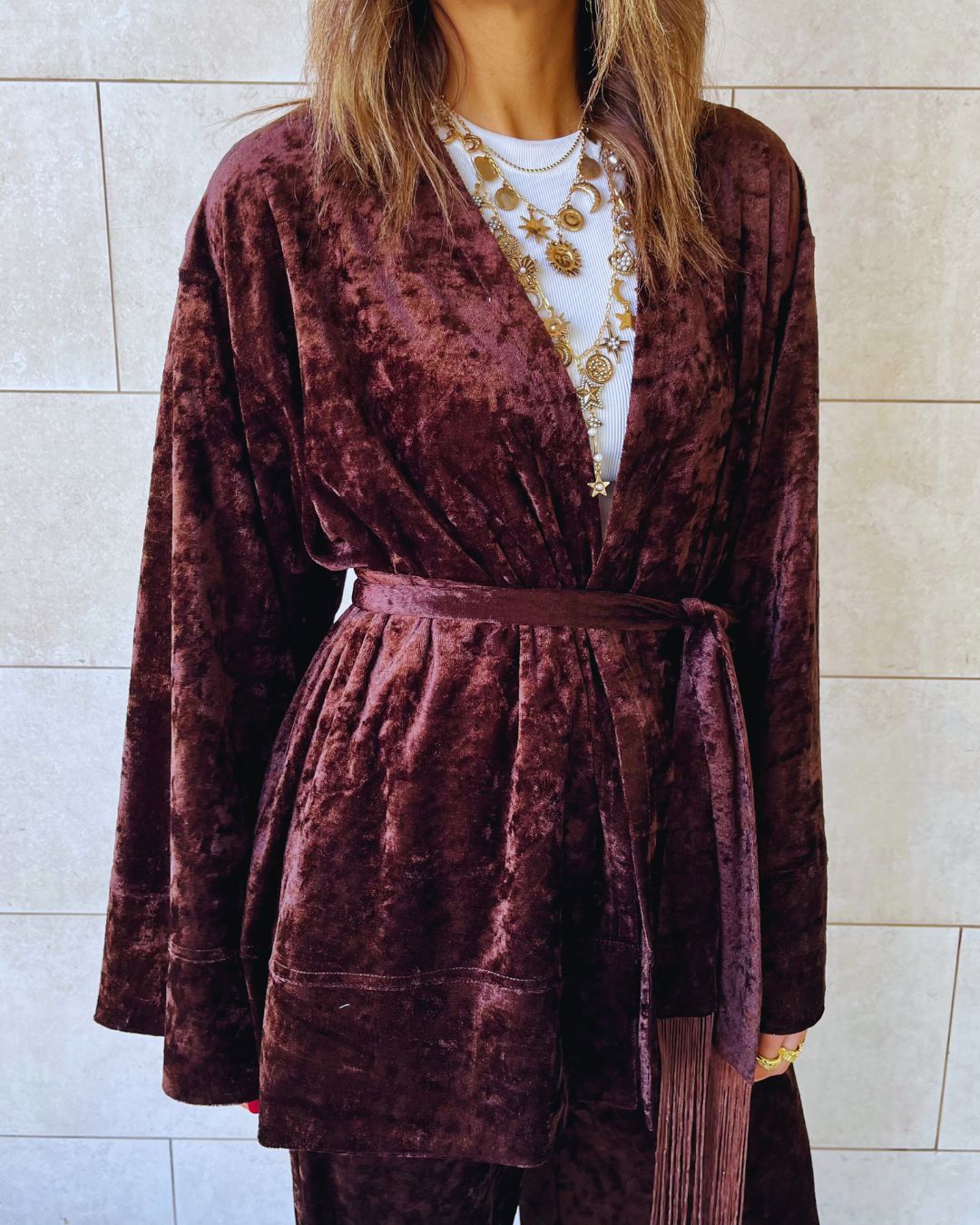 Brown Velvet Wrap Fringe Kimono
