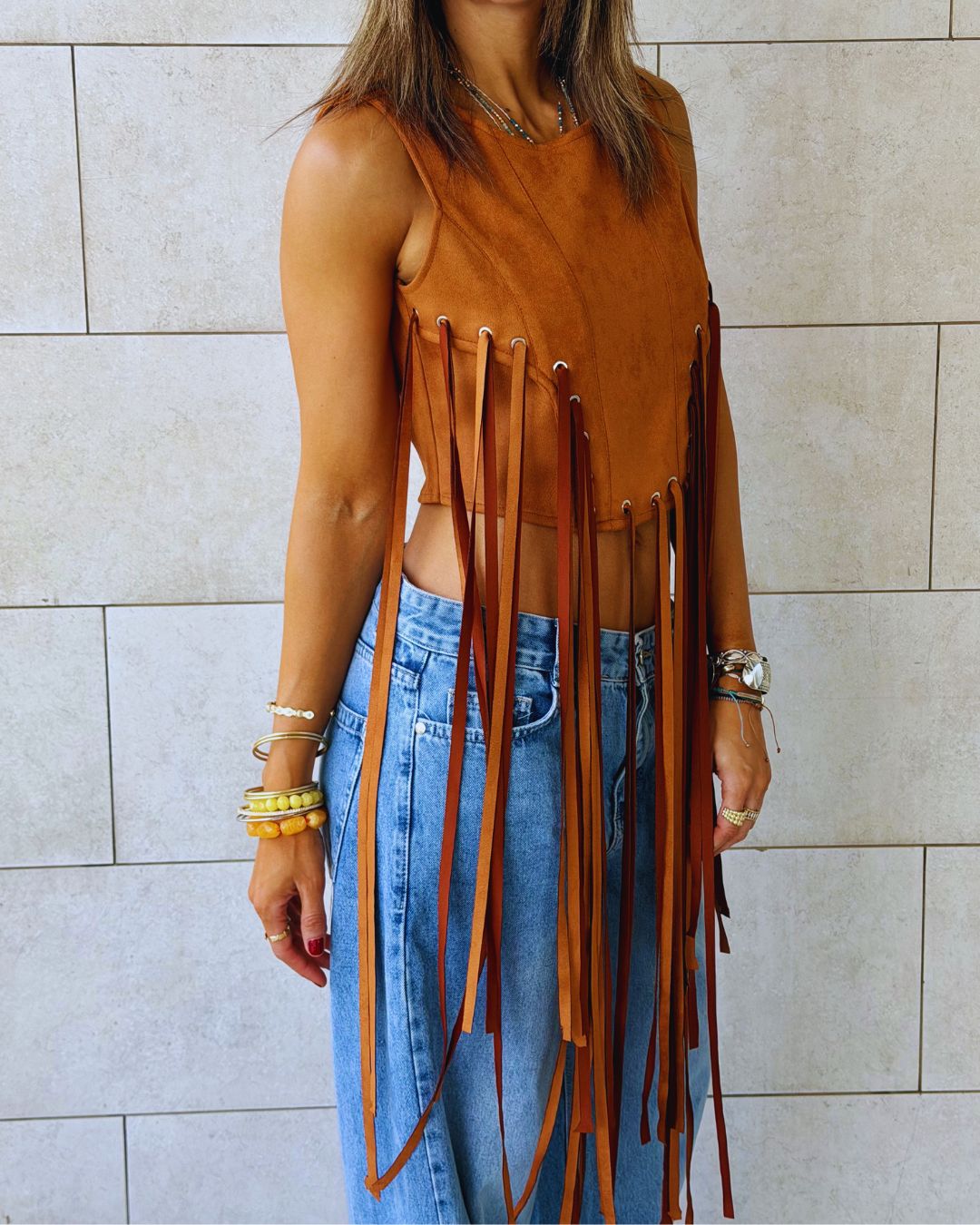 Camel Fringe Me Up Suede Top
