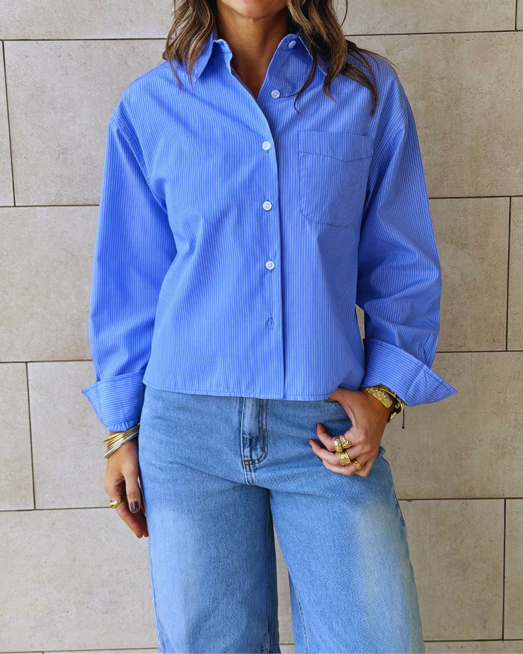 Blue Stripe Go-To Short Shirt