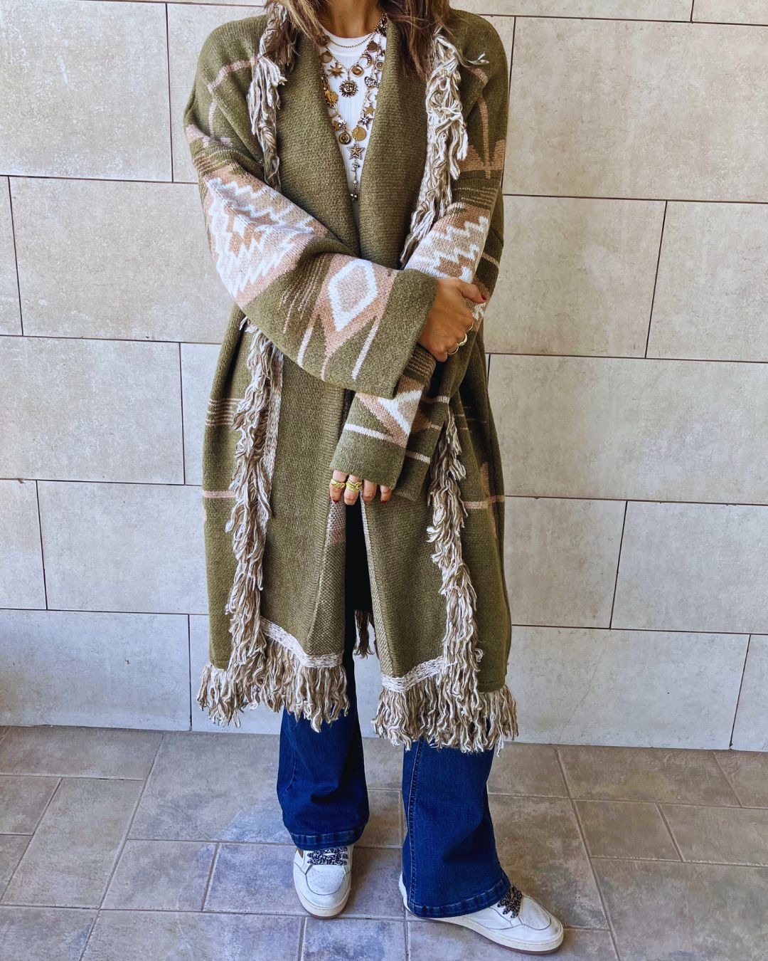 Aztec Olive Ruffle Cardigan