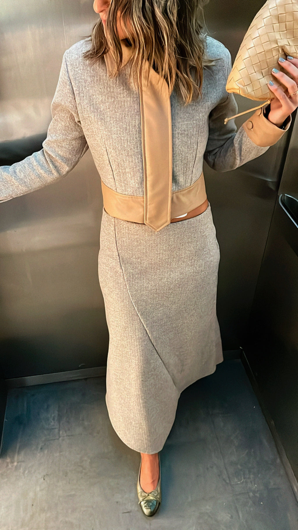 Beige Leather Jacket Skirt Set