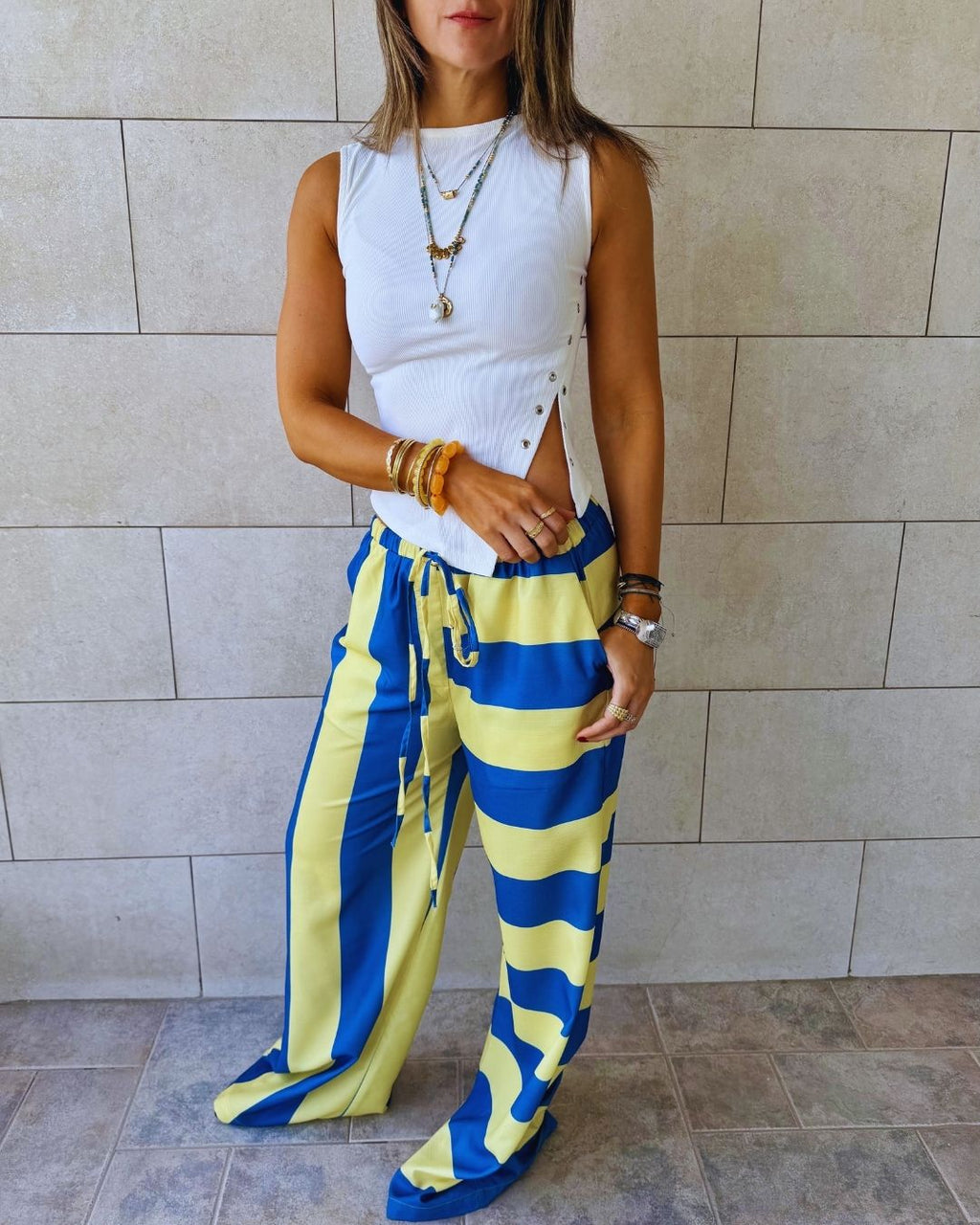 Yellow & Blue Striped Colored Pants
