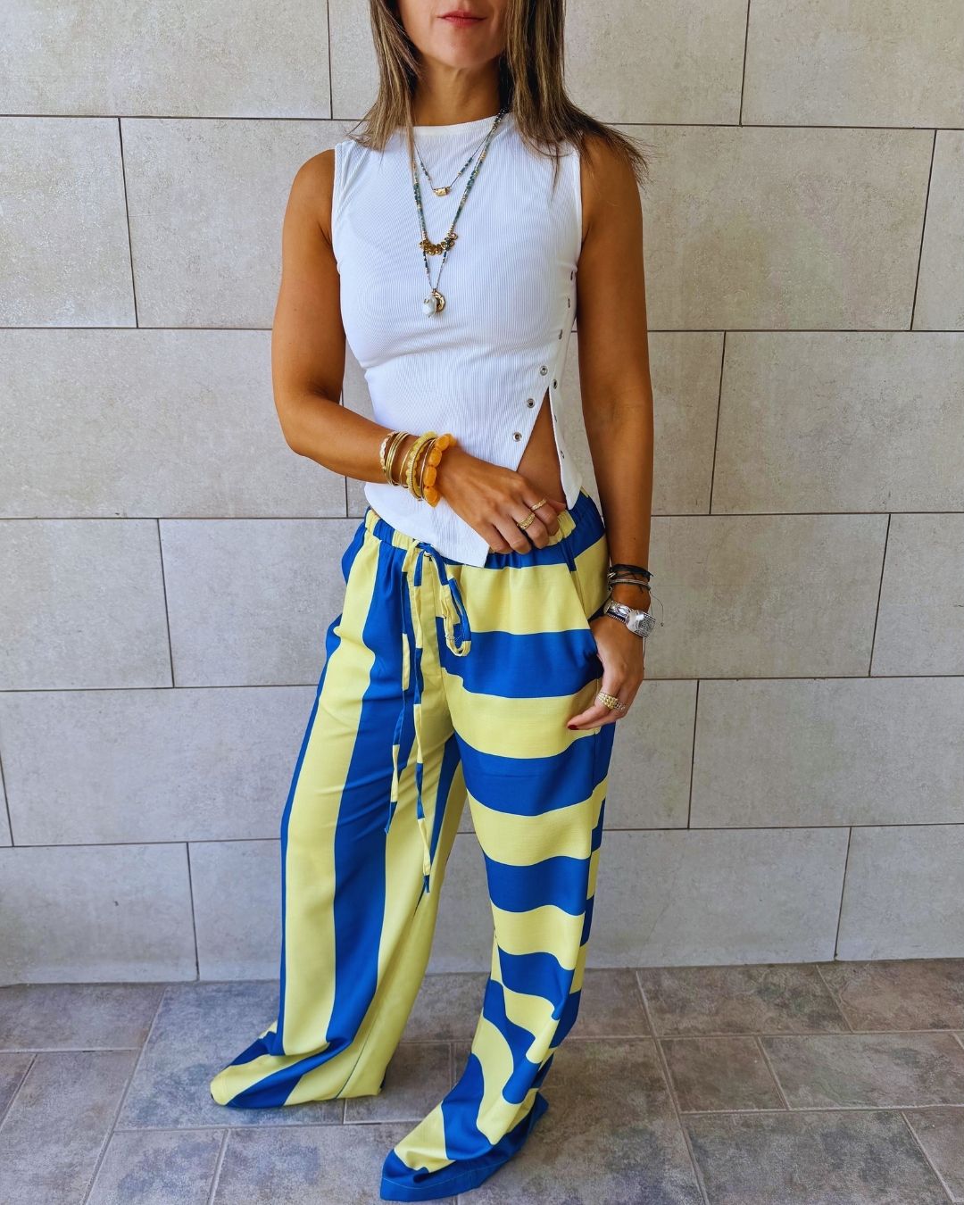 Yellow & Blue Striped Colored Pants