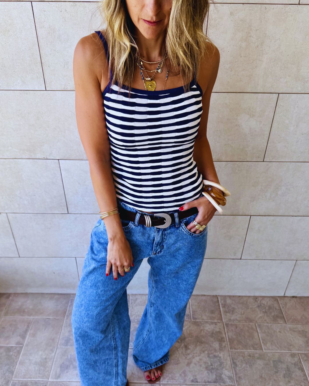 Navy Striped Sleeveless Top