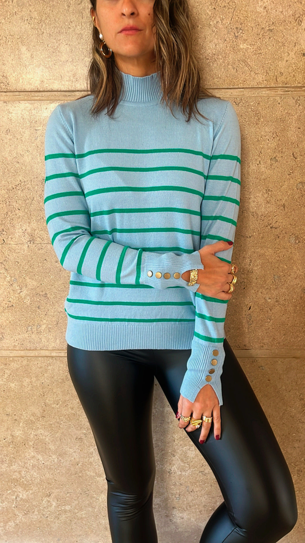Baby Blue Striped Basic Turtle Neck