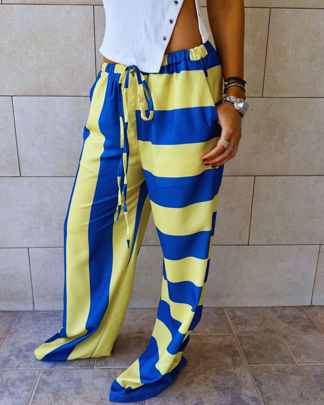 Yellow & Blue Striped Colored Pants
