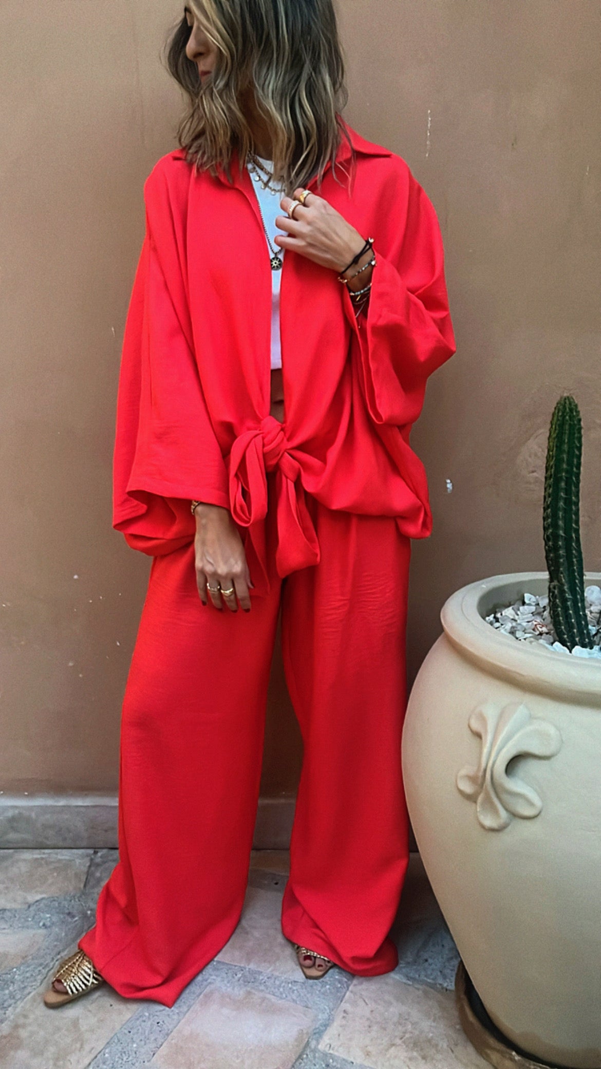 Watermelon Knot Open Shirt Linen Set
