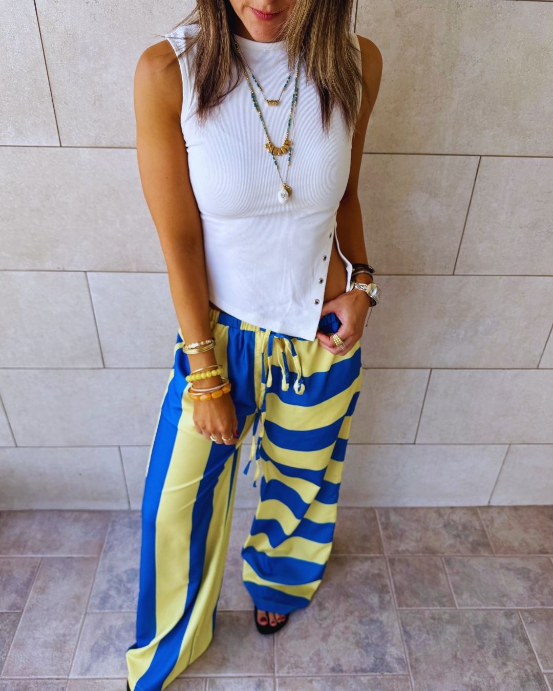 Yellow & Blue Striped Colored Pants