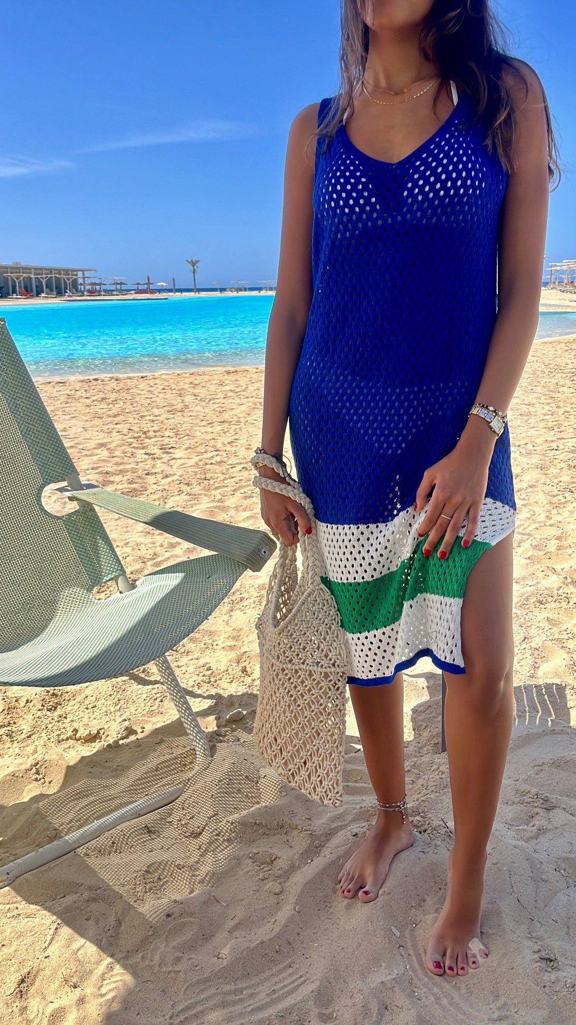 Blue Colorblock Trim Crochet Coverup