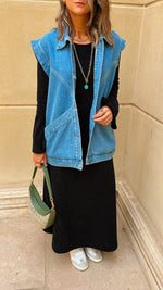 Blue Exaggerated Double Pocket Denim Vest