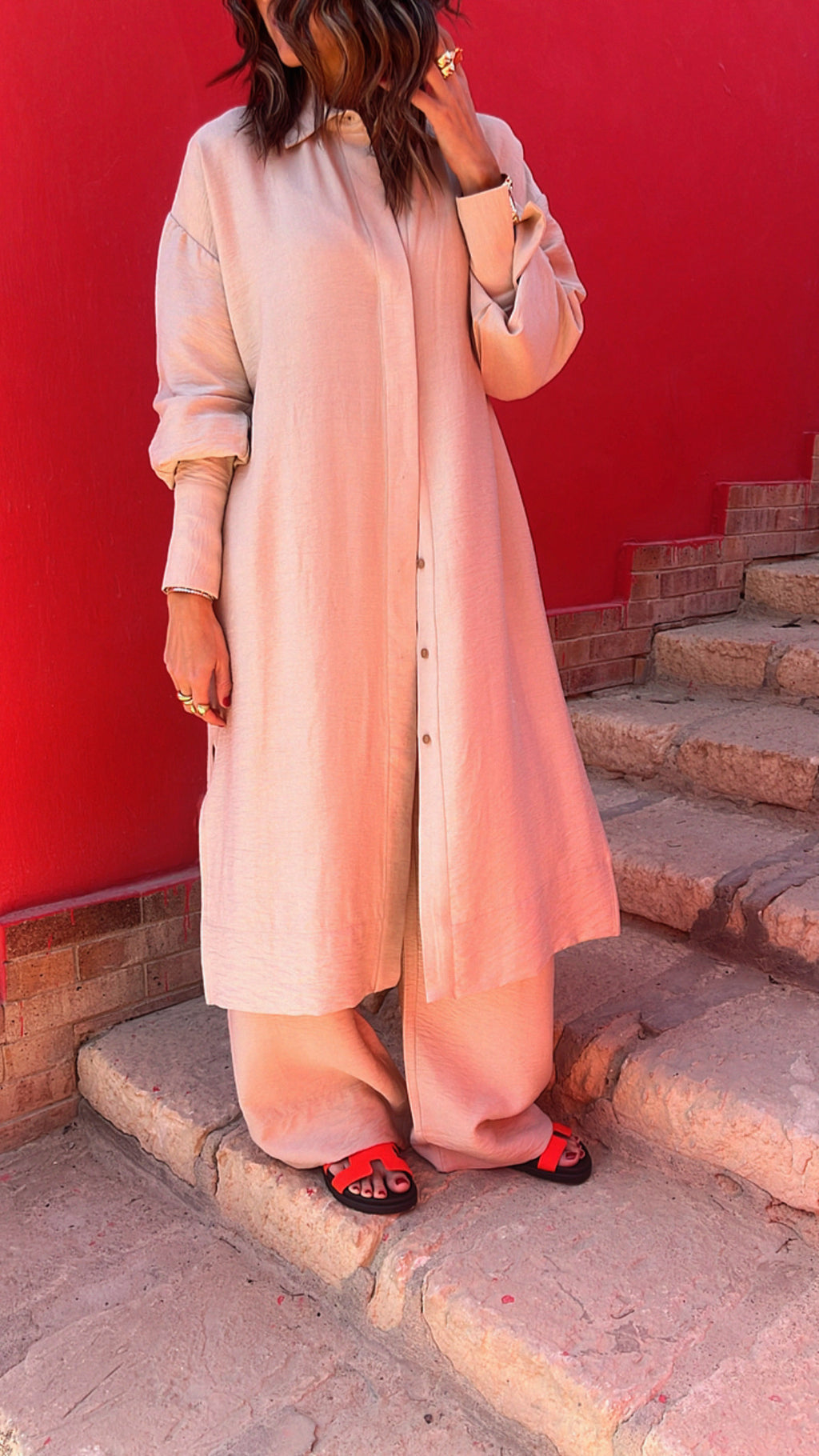 Beige Longline Shirt Set