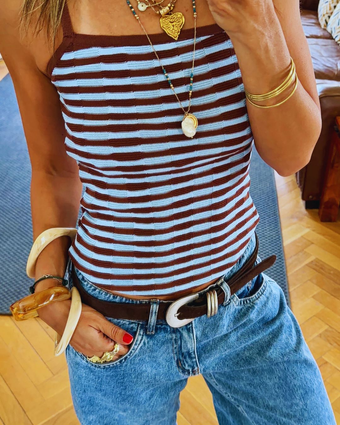 Brown Striped Sleeveless Top
