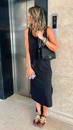 Black Easy Travel Basic Midi Dress