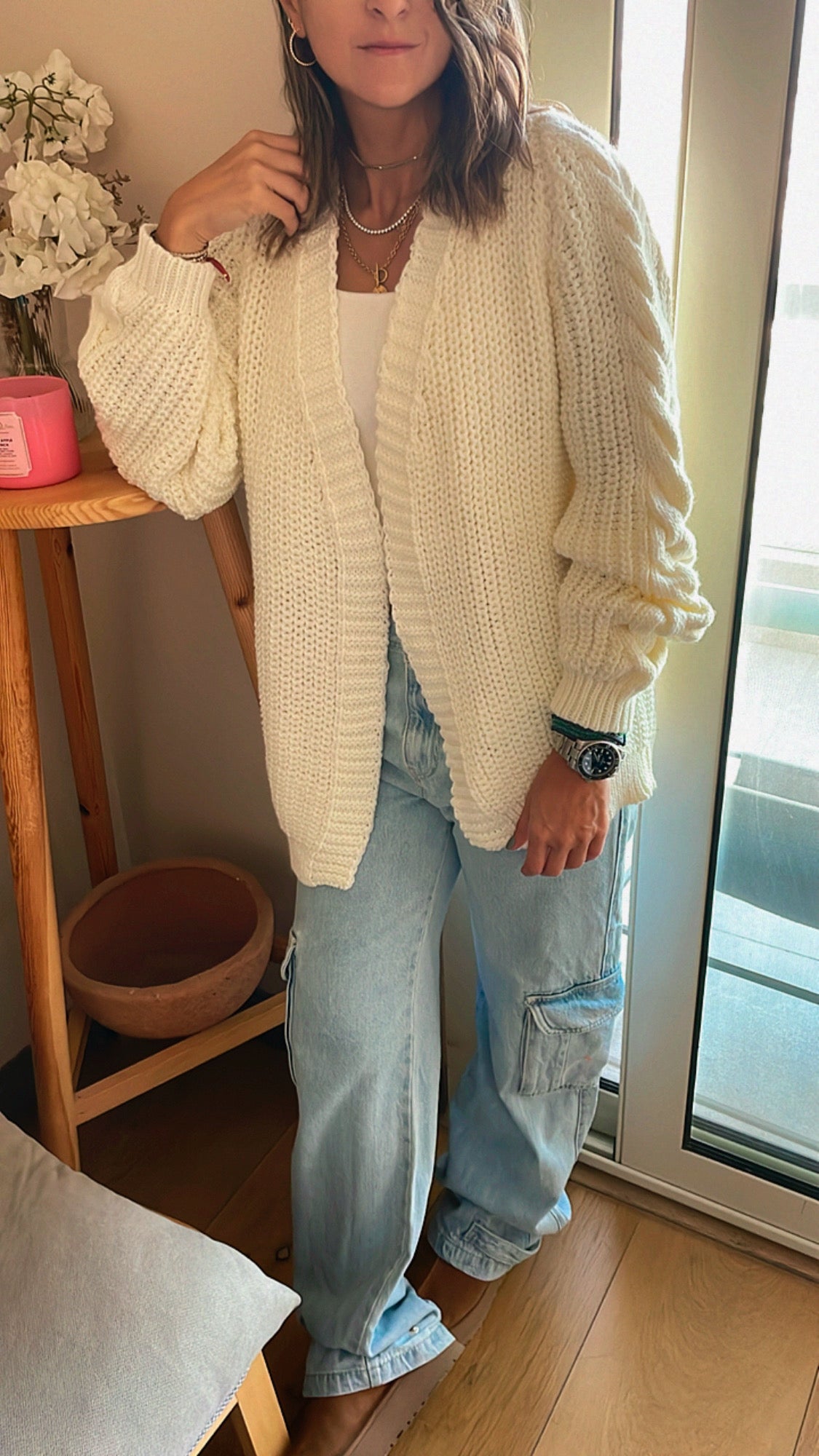 White Braided Sleeve Cardigan