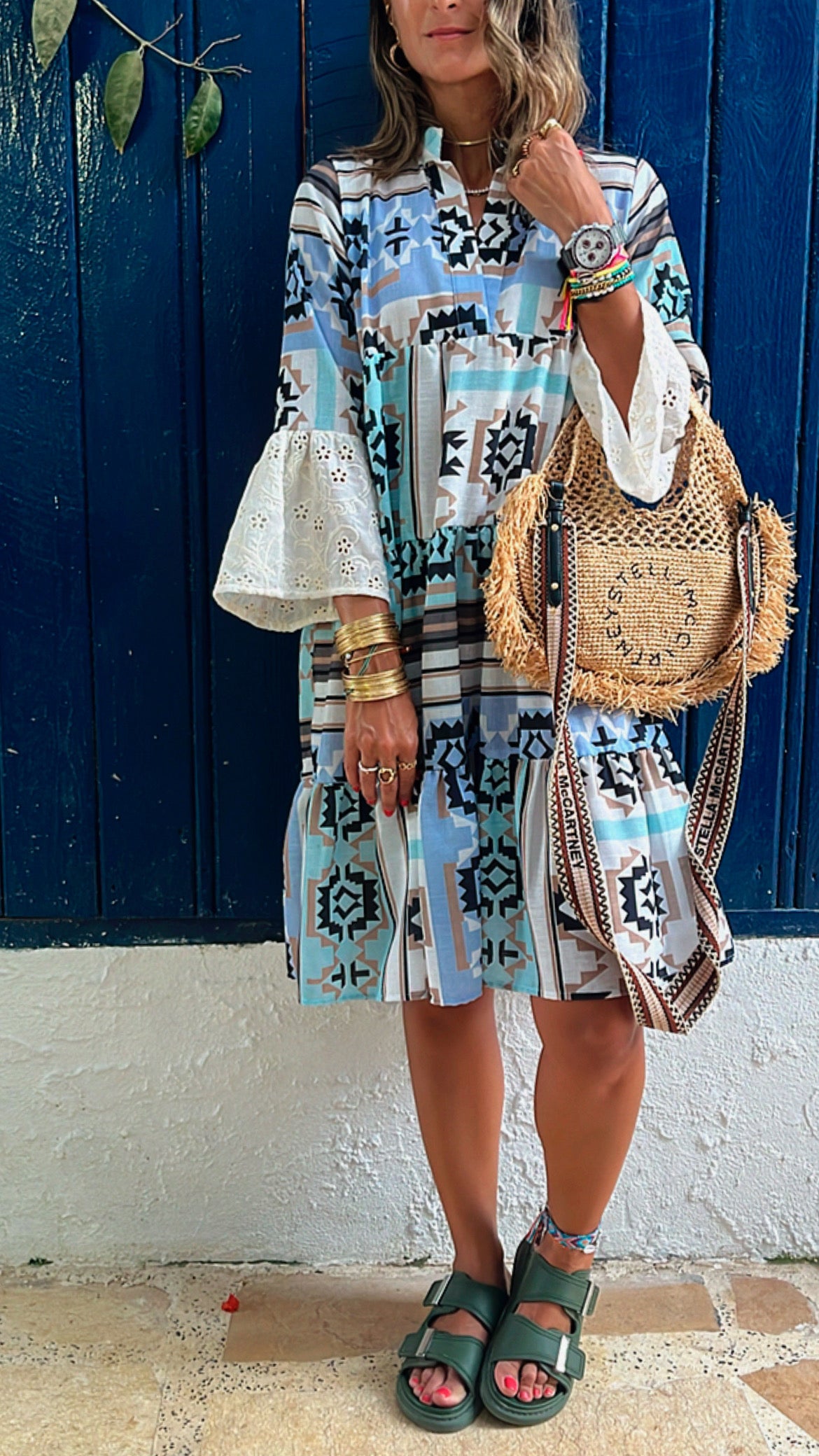Summer Days Detailed Aztec Mini Shirt Dress