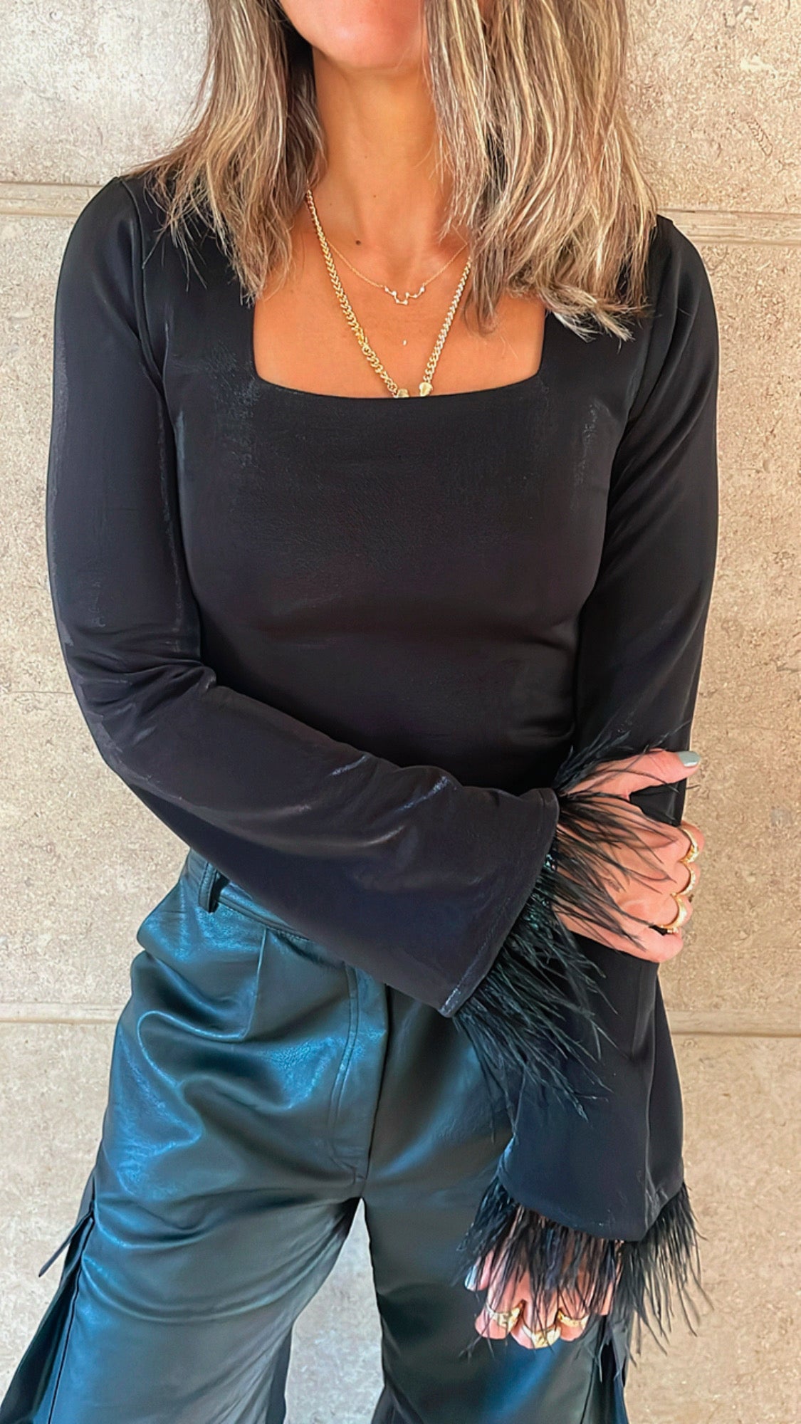 Black Fur Sleeve Top