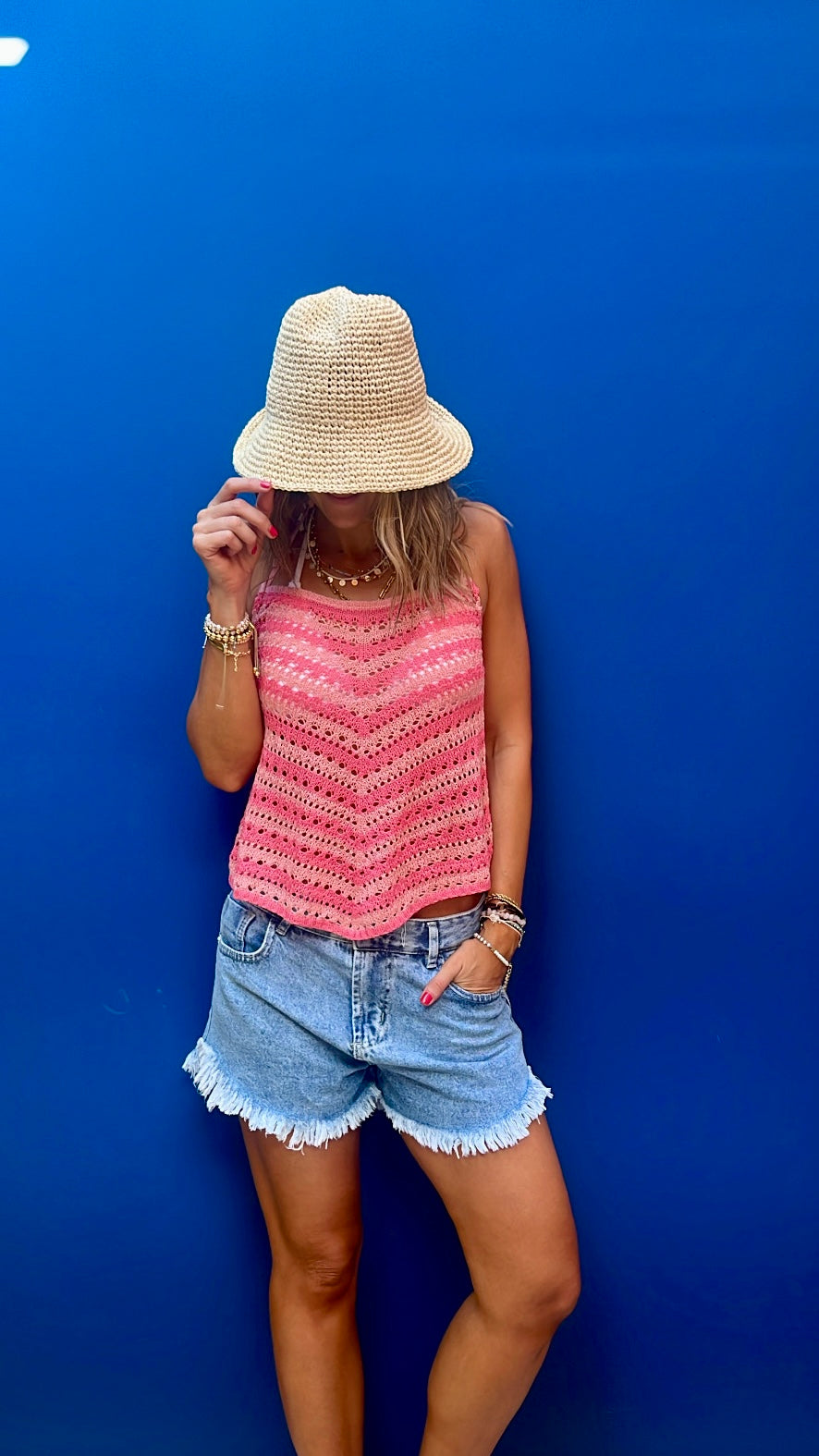 Pink Stripe V Crochet Halter Top