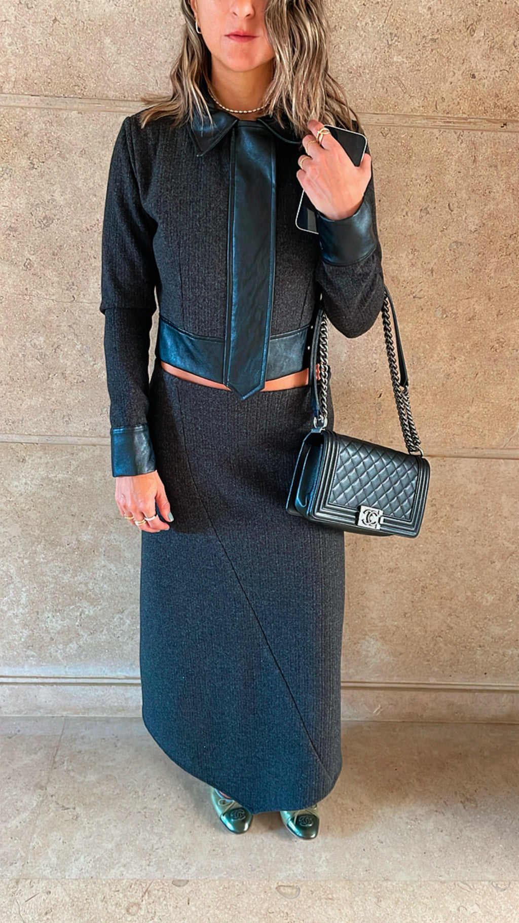 Black Leather Jacket Skirt Set