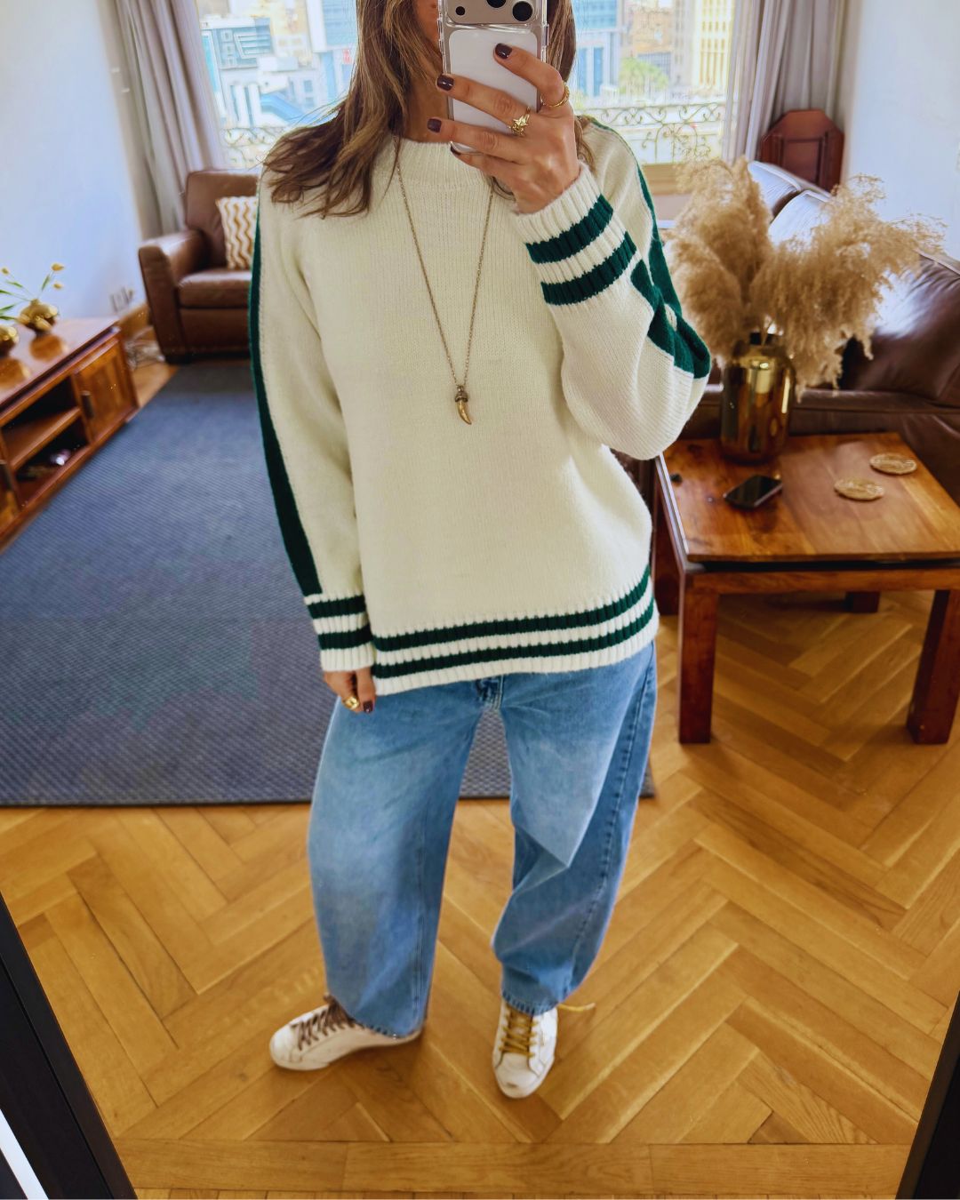 White Side Stripe Knit Pullover