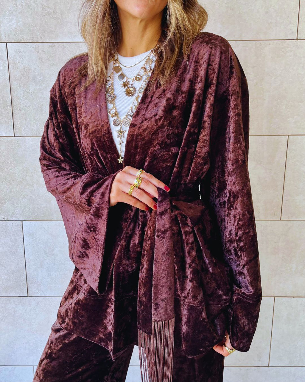 Brown Velvet Wrap Fringe Kimono