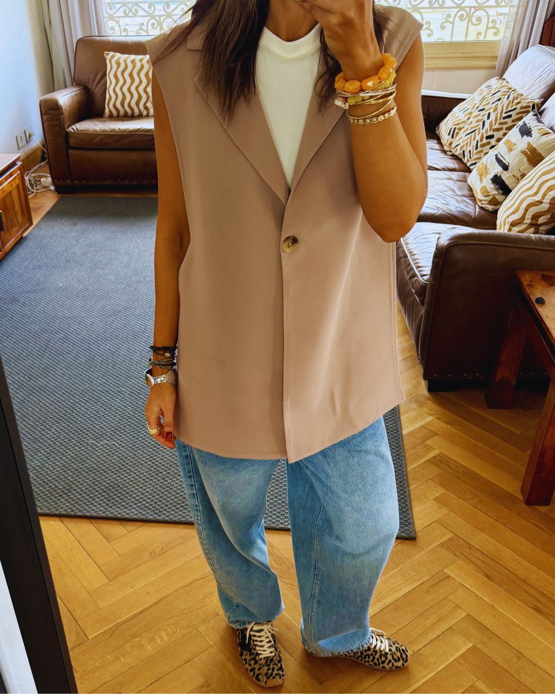 Beige Buckle Side Oversized Vest