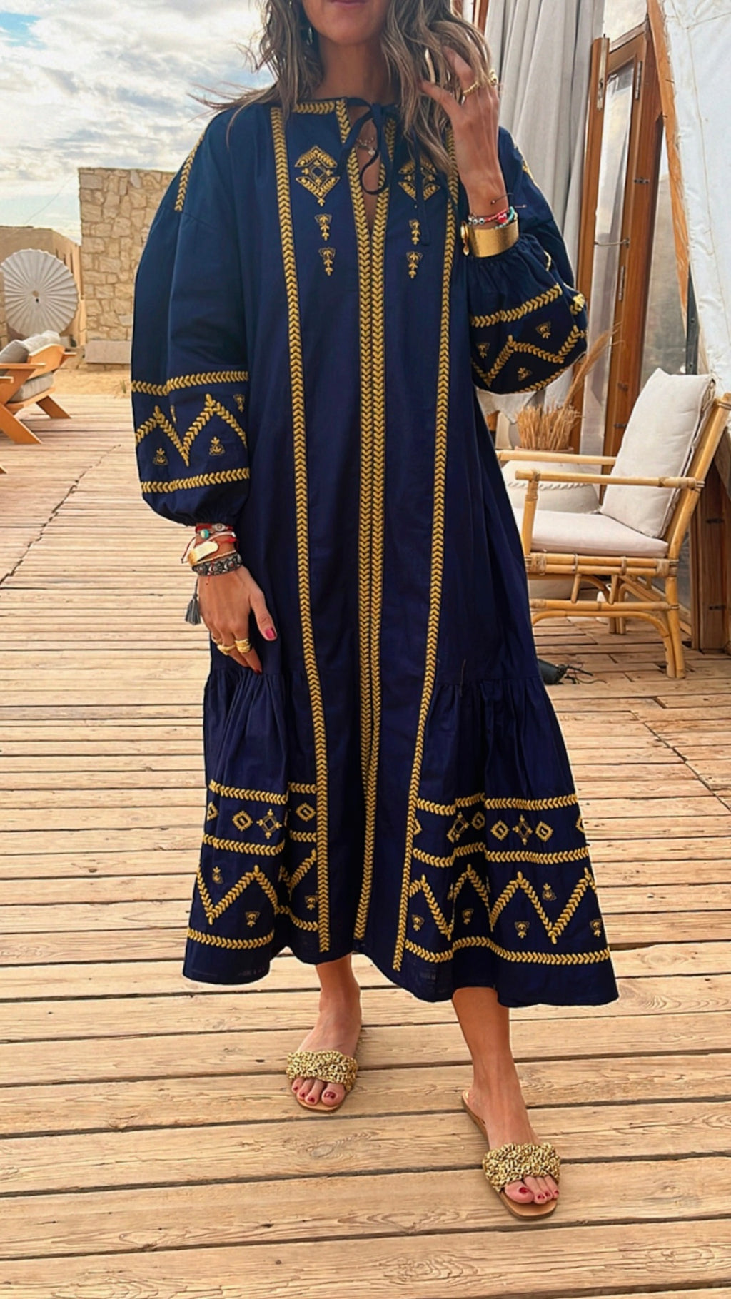 Navy Embroidered Midi Dress